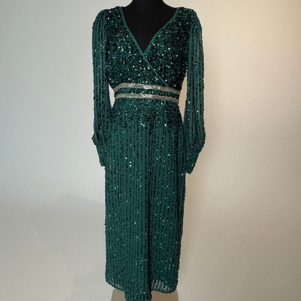 MAC DUGGAL Sequin V-Neck Long Bishop Sleeve Midi Dress
